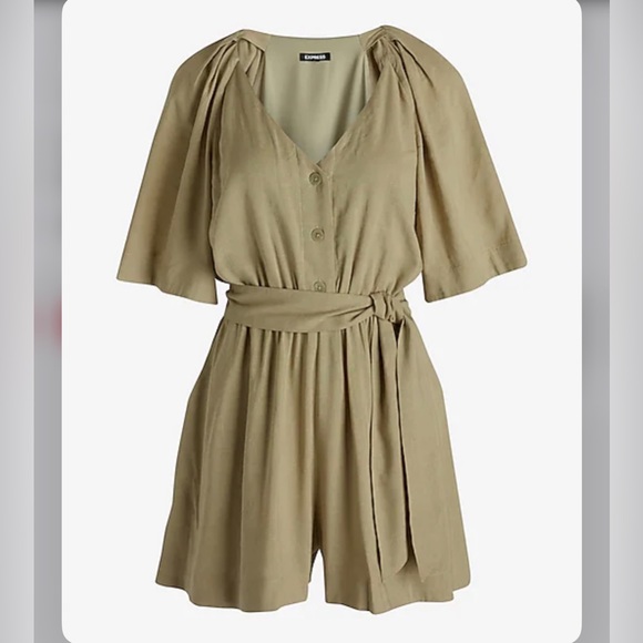 Express linen blend button up tie waist romper - Picture 2 of 16